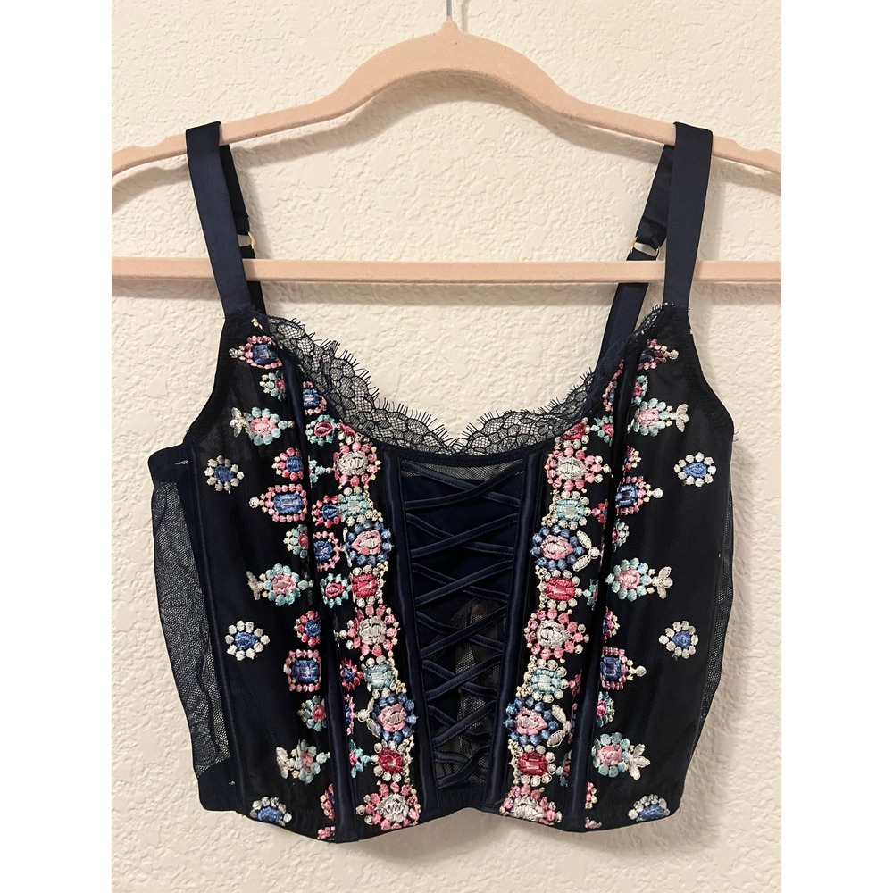 Victorias Secret Dream Angels Embroidered Corset Top Navy Blue Floral SDD NWT